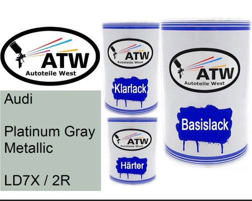 Audi, Platinum Gray Metallic, LD7X / 2R: 500ml Lackdose + 500ml Klarlack + 250ml Härter - Set, von ATW Autoteile West.